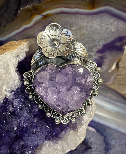 950 Silver Taxco Mexico Large Huge Amethyst Stone Heart Ring Adjustable