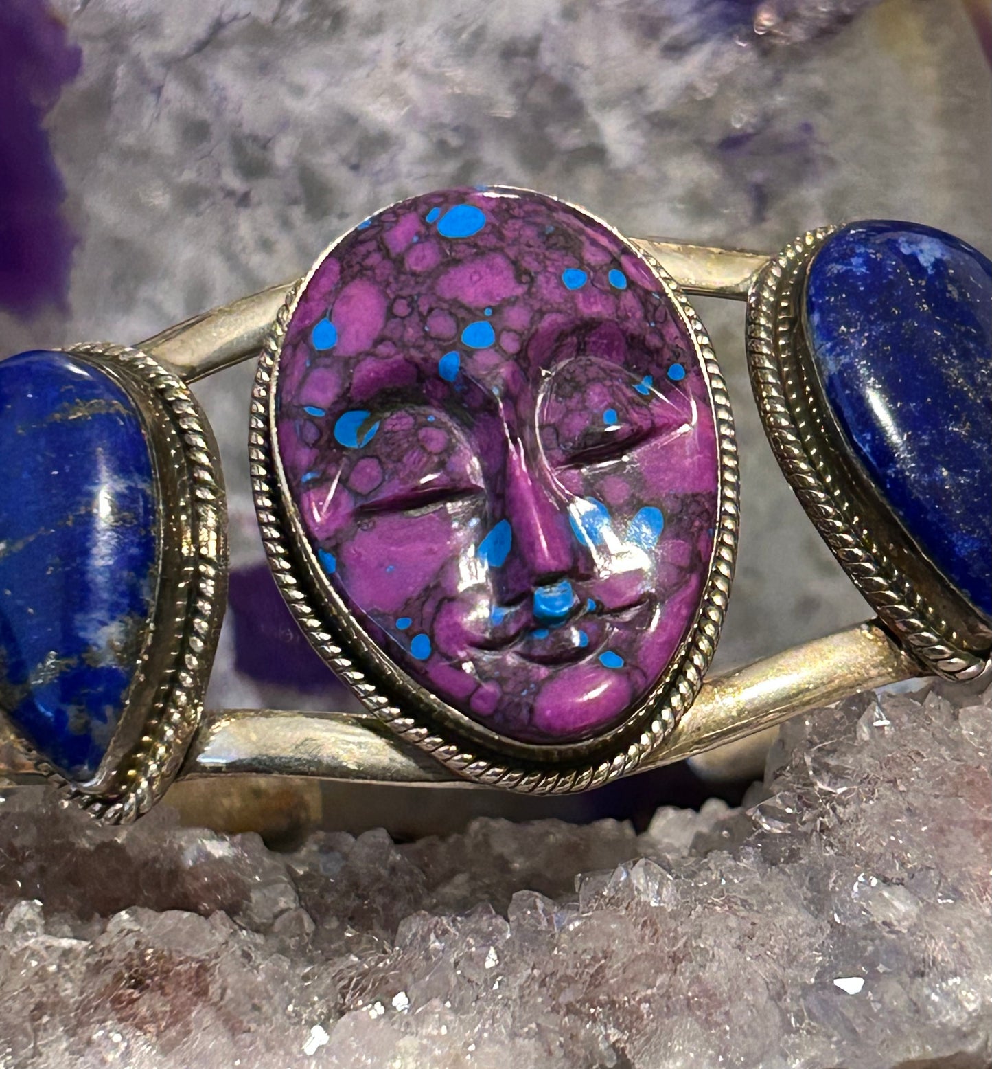 Sterling Silver Peaceful Face Blue Lapis And Mojave Cuff Bracelet
