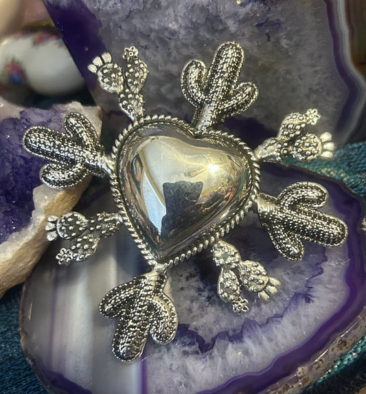 Sterling Silver Taxco Mexico Huge Statement Heart & Cactus Ring Adjustable
