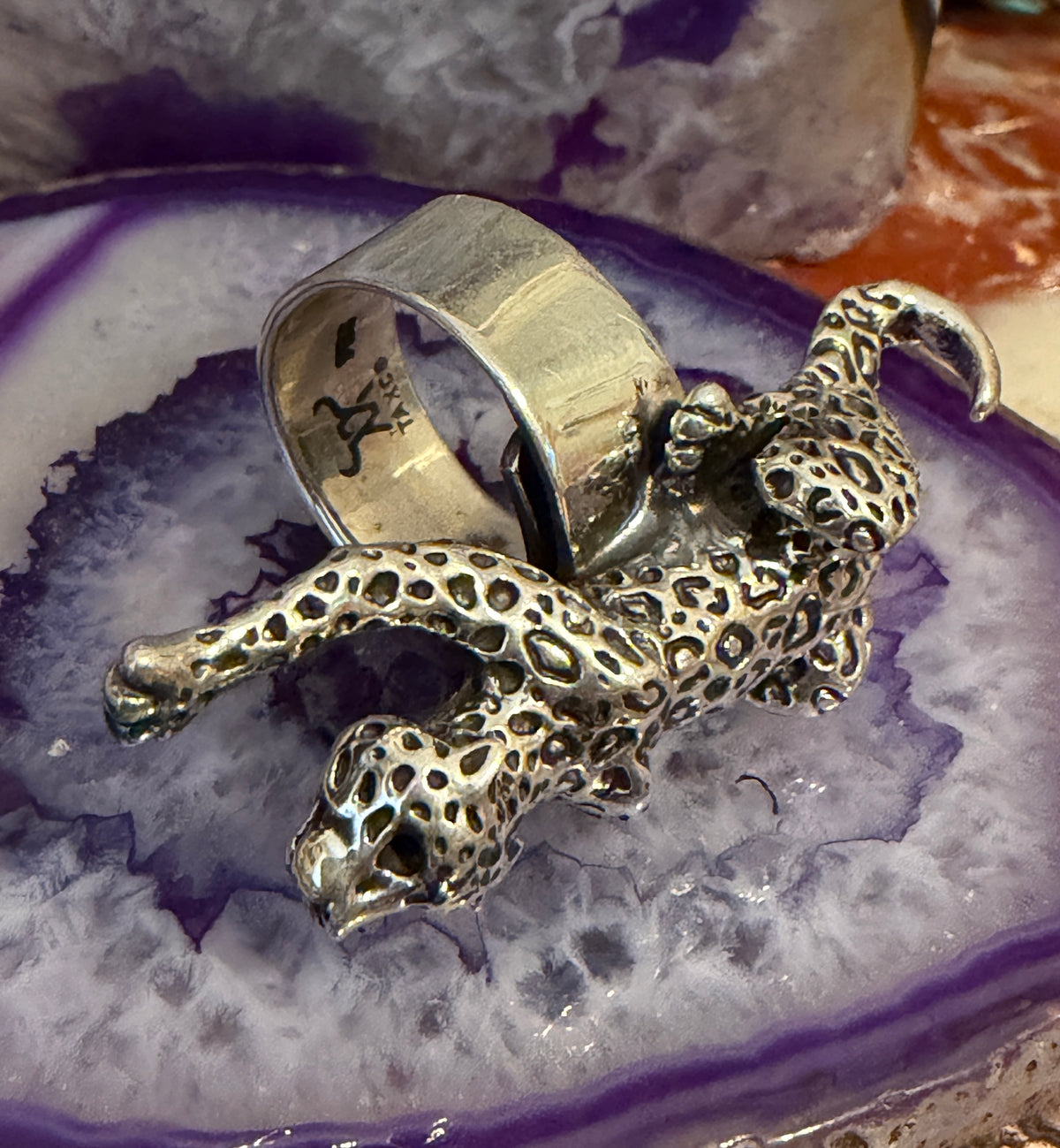 Sterling Silver Modern Taxco Mexico Statement Crawling Jaguar/Cheetah Ring