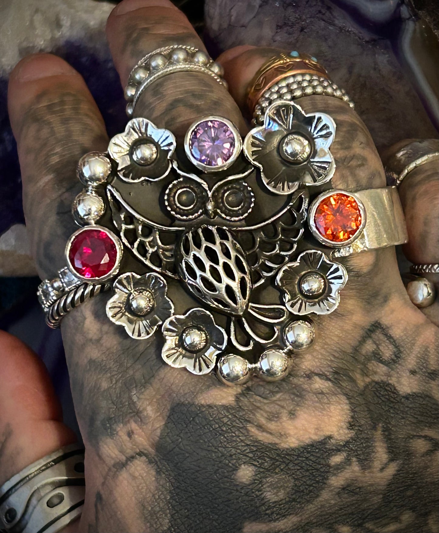 Sterling Silver Taxco Mexico Huge Statement Owl & Gemstone Adjustable Ring