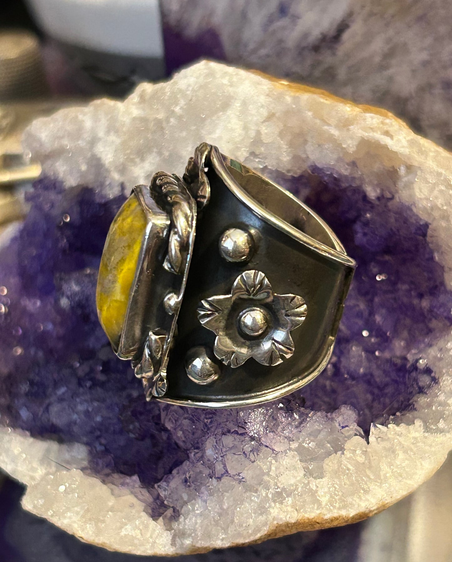 Sterling Silver Taxco Mexico Large Bumblebee Jasper & Flower Wide Ring Size 7-9