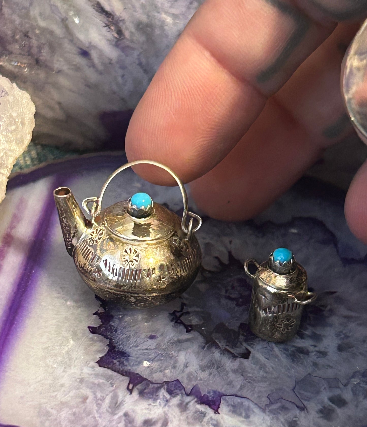 Vintage Sterling Silver Native American Collectable Tiny Teapot Set w/ Turquoise