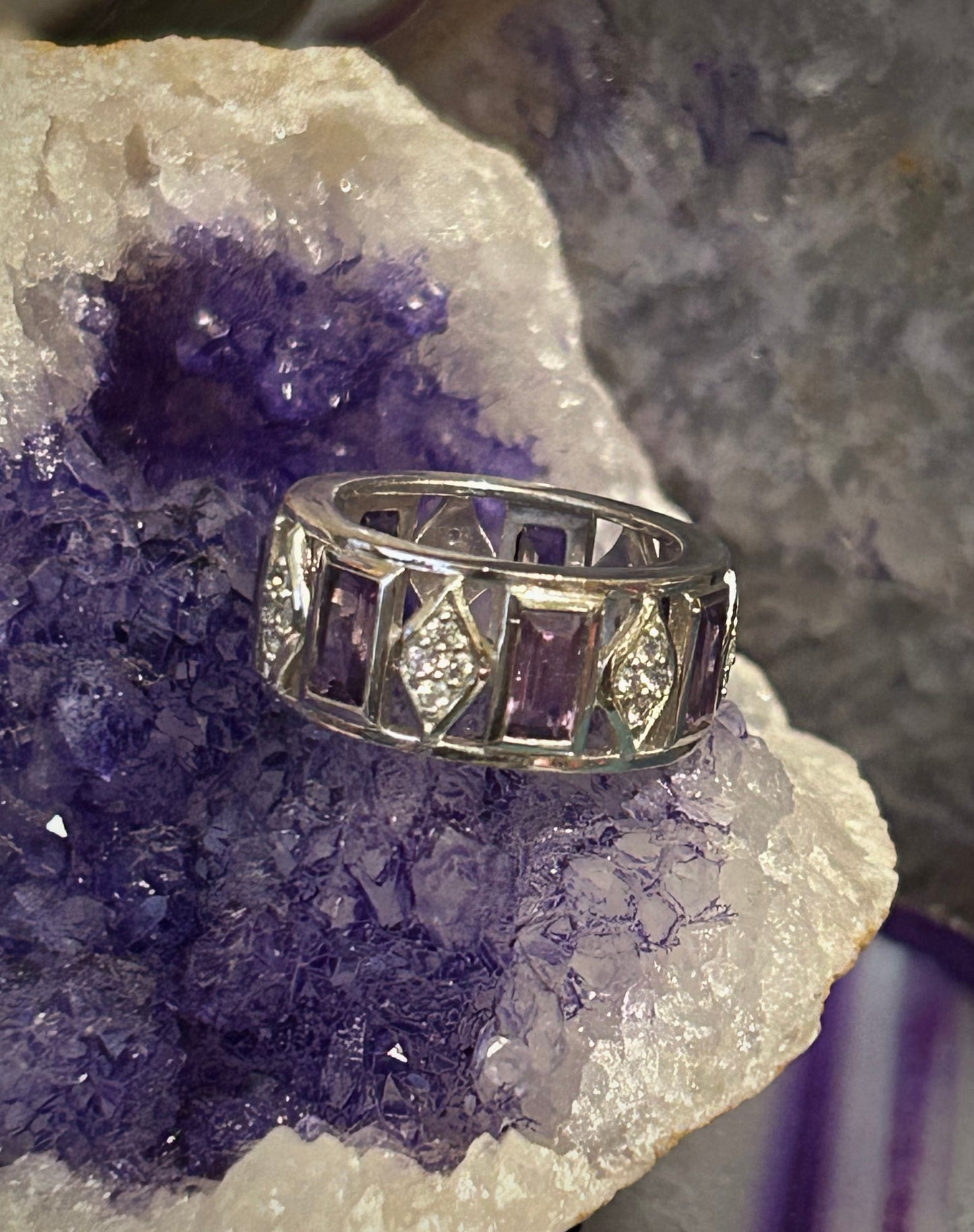 Sterling Silver “Feel Beautiful” Amethyst Cz & Clear Cz Eternity Band Ring Sz 6