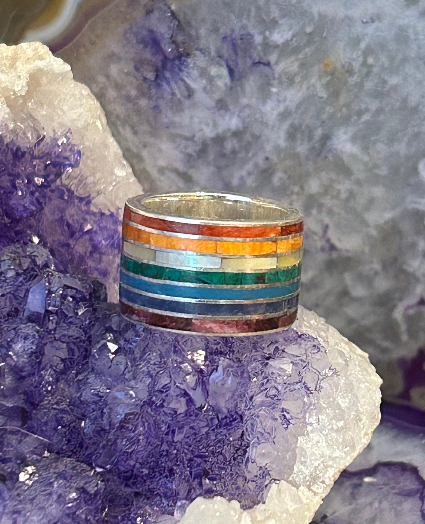Sterling Silver Rainbow Color Stone Inlay Thick Wide Band Ring Size 4