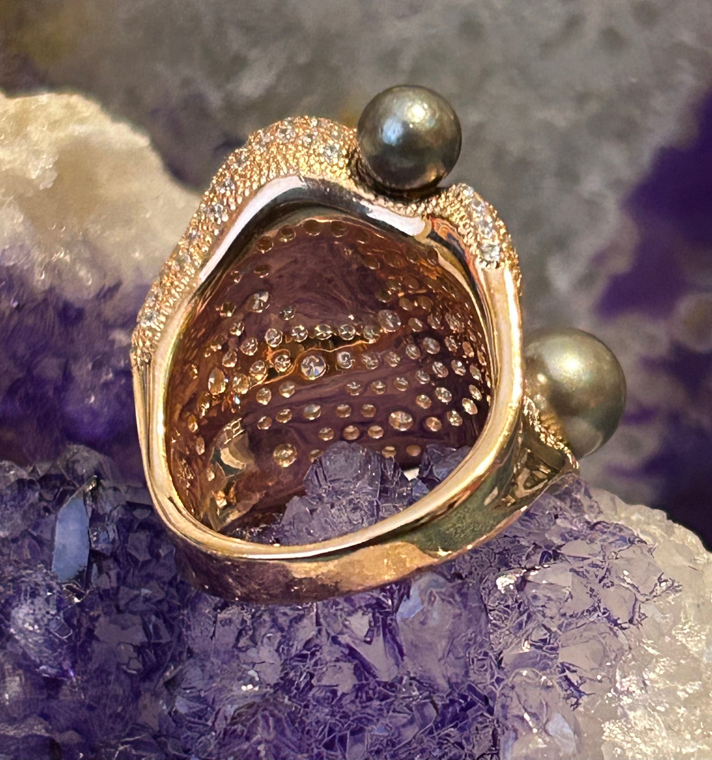 Rose Gold Over Sterling Silver Abstract Ring w/ Tahitian Pearls & Cz Ring Size 7