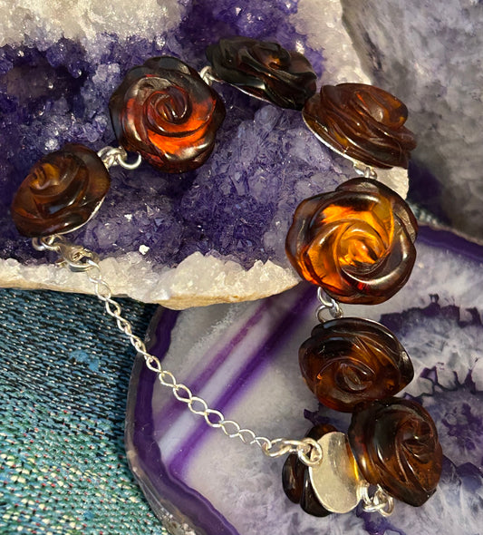 Sterling Silver Baltic Cognac Amber Carved Rose Link Bracelet