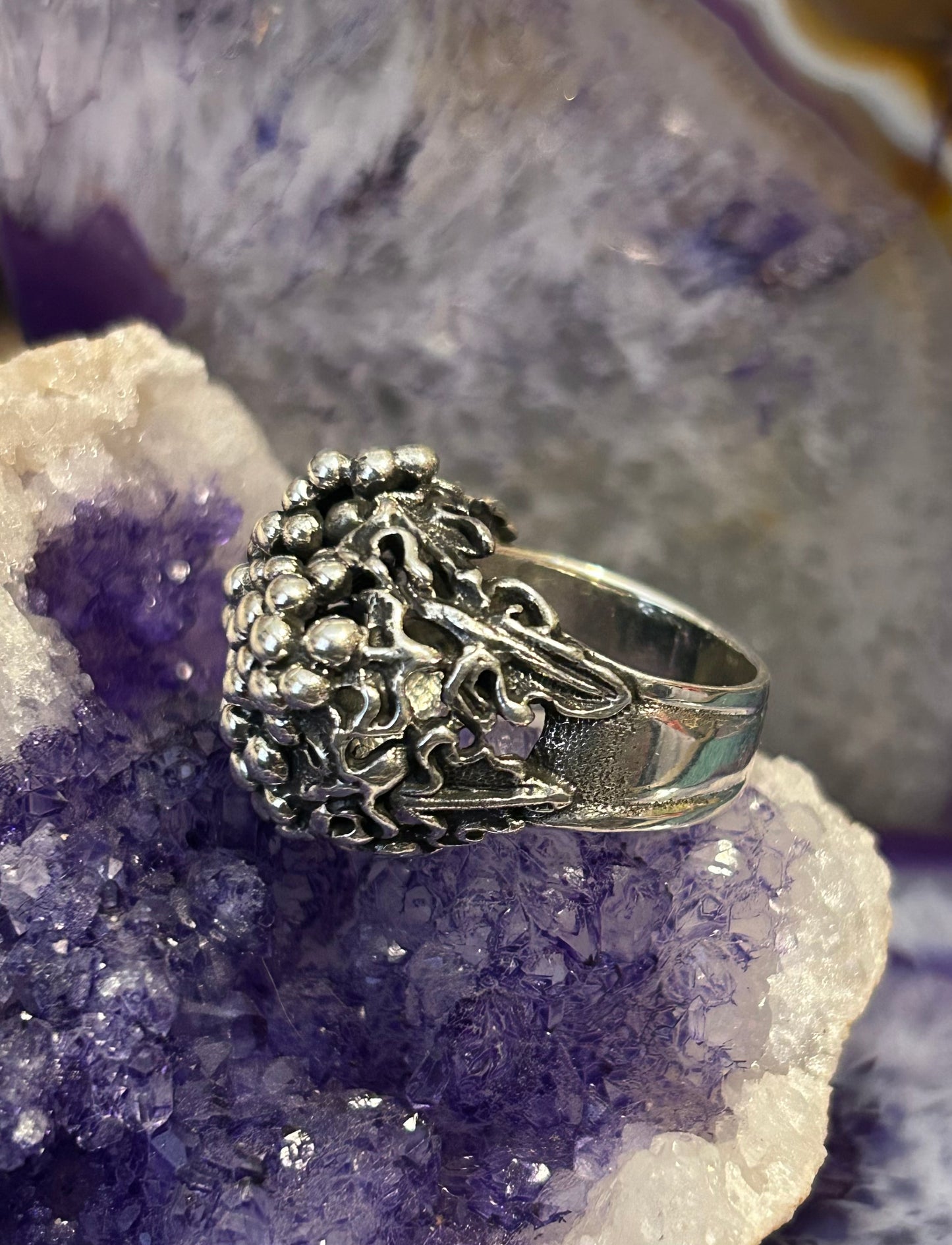 Sterling Silver Modern Taxco Mexico Grapes & Leaf Ring Size 8.25