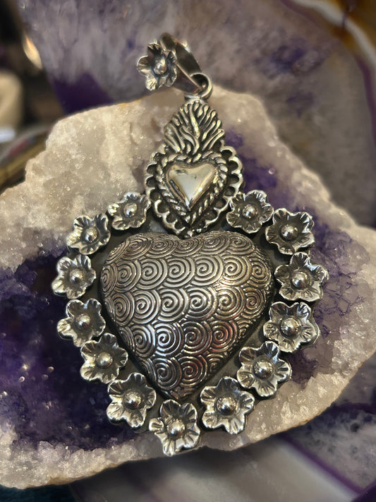 Sterling Silver Taxco Mexico Large Statement Heart w/ Swirls, Sacred Heart & Flowers Pendant