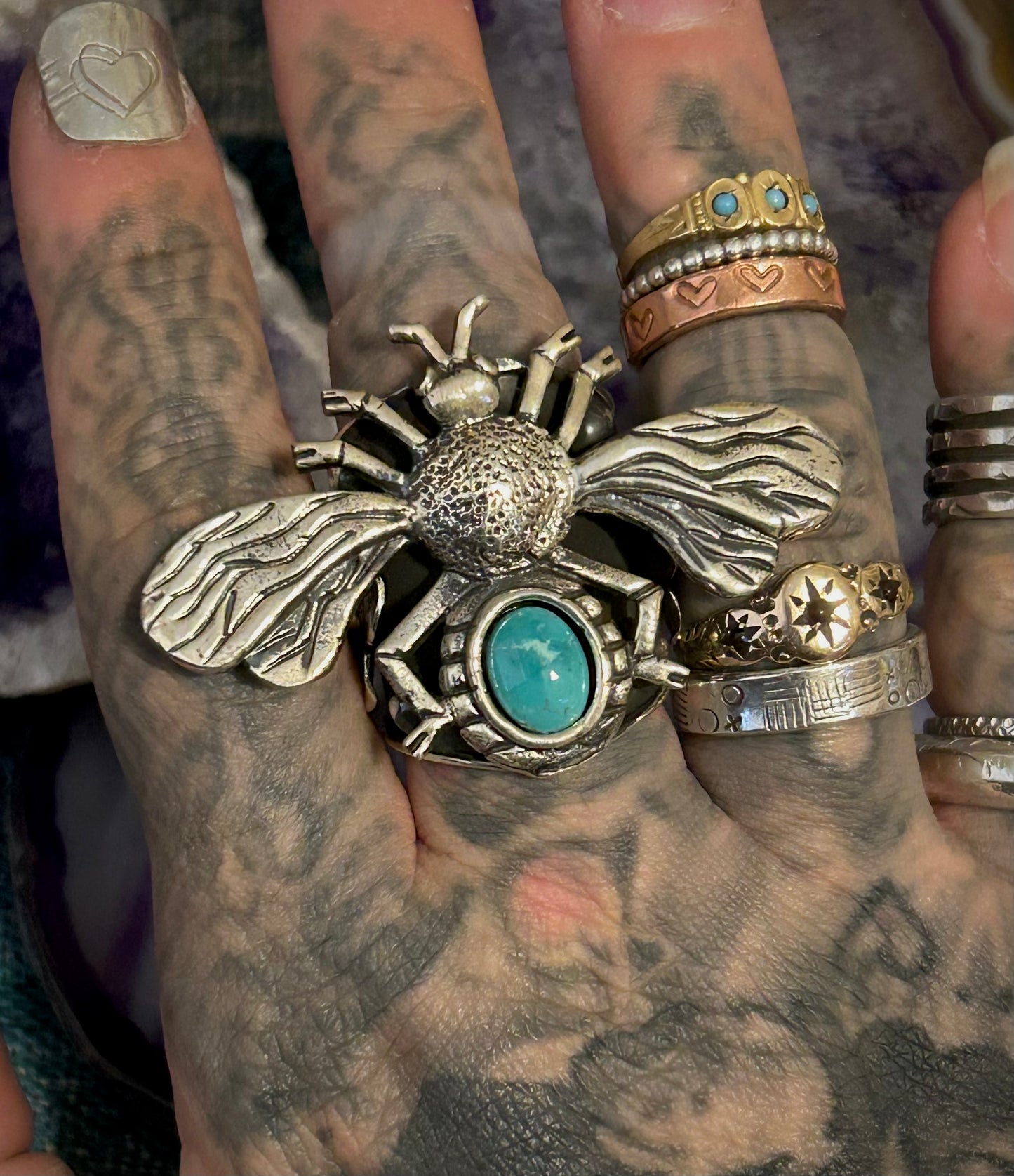 Sterling Silver Taxco Mexico Bee, Flowers & Turquoise Statement Ring Size 7-9