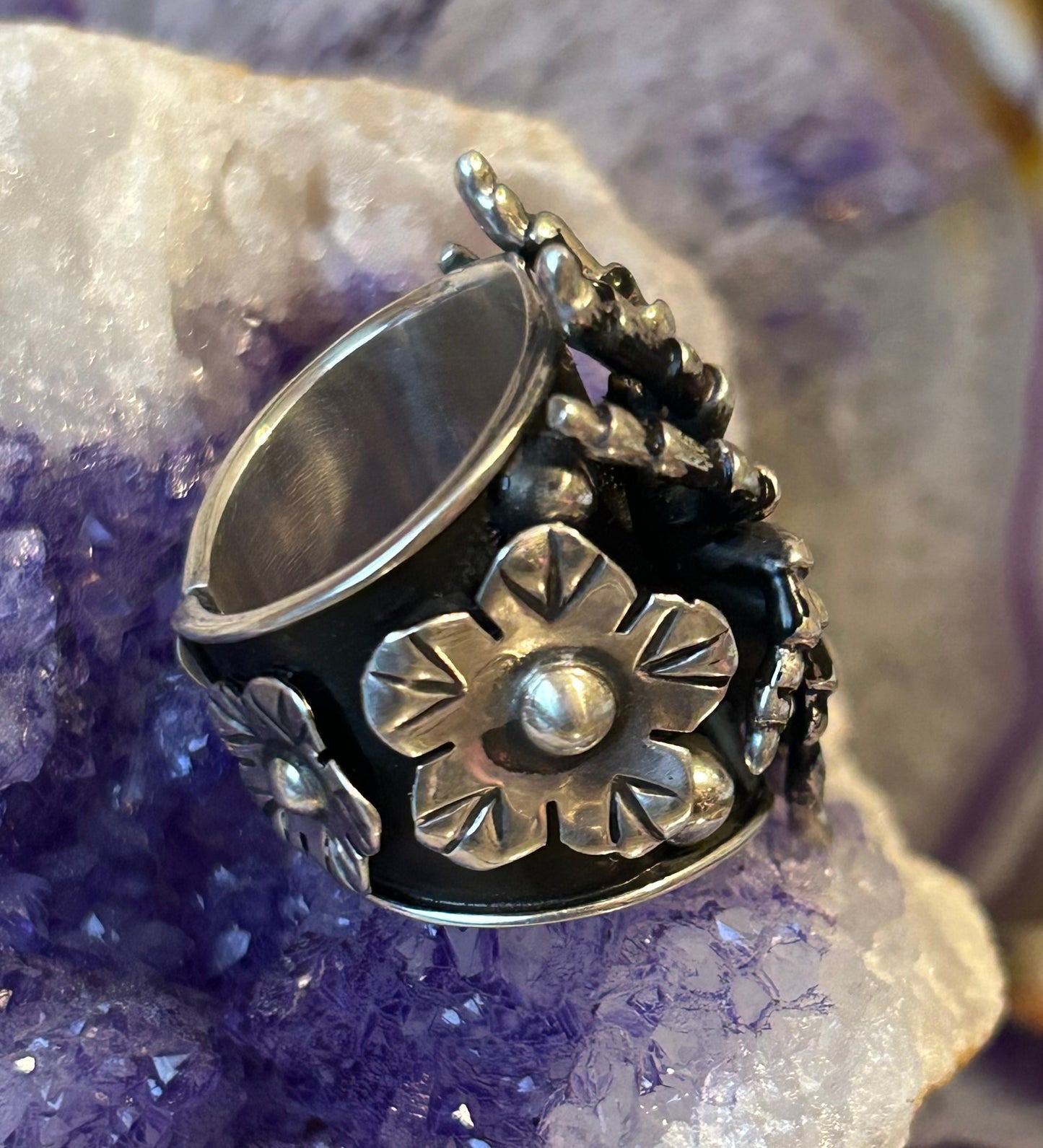 Taxco Mexico Sterling Silver Tarantula Spider & Flowers Statement Ring Size 7-9
