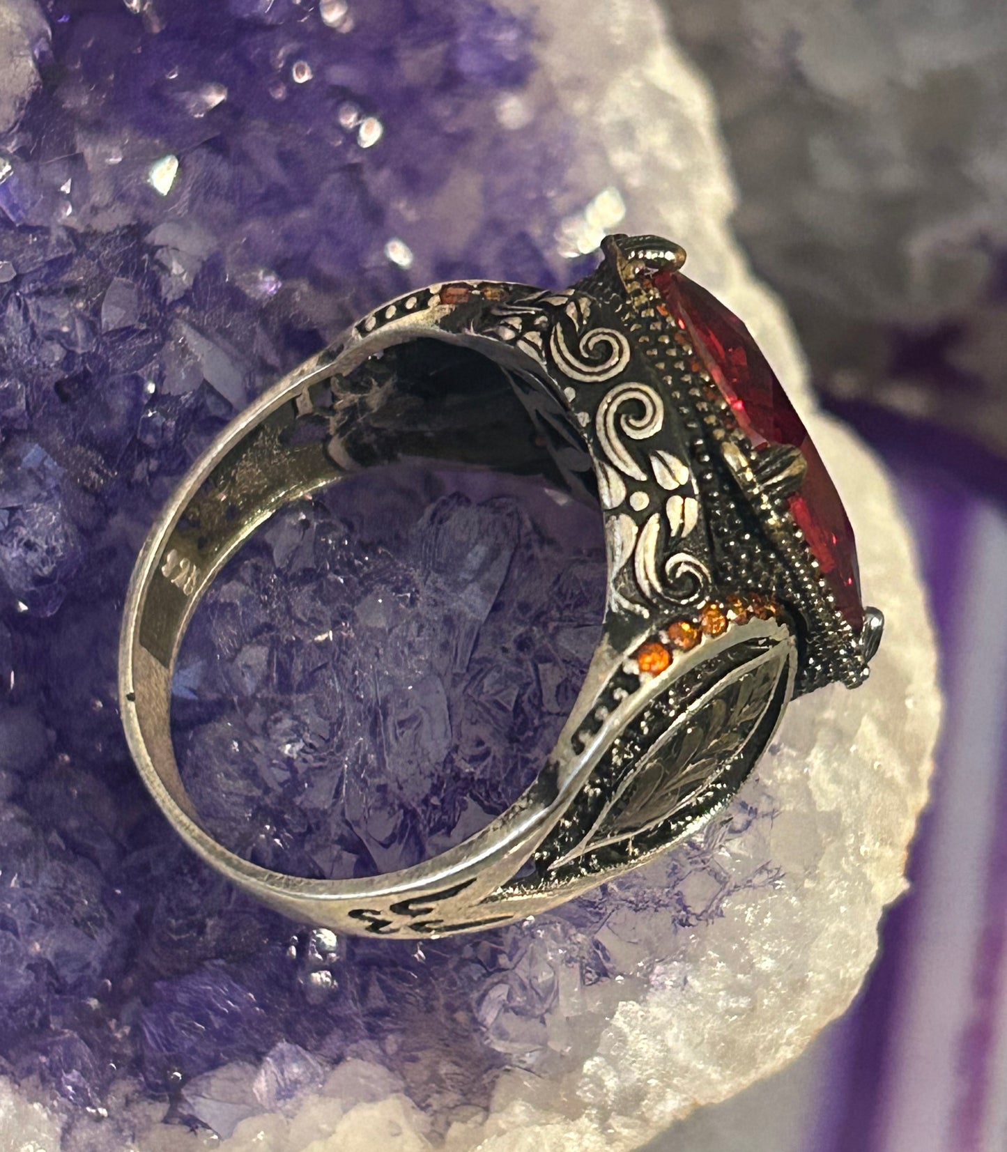 Sterling Silver Chunky Signet Style Vibrant Red Stone Turkish Ring Size 11.5