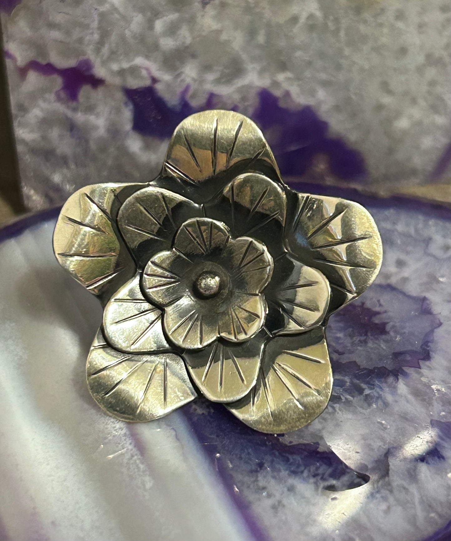 Sterling Silver Taxco Mexico Large Flower Ring Adjustable