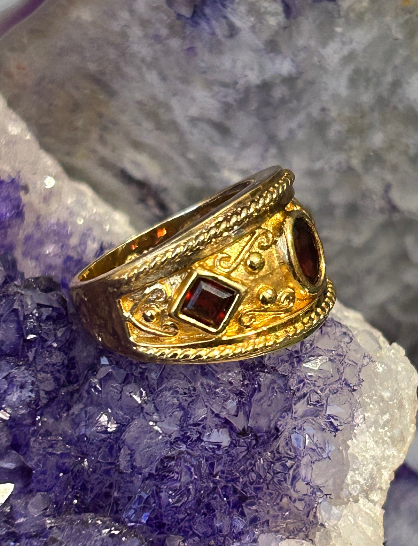 Vintage Sterling Silver Gold Vermeil Byzantine Style Ring • Size 8
