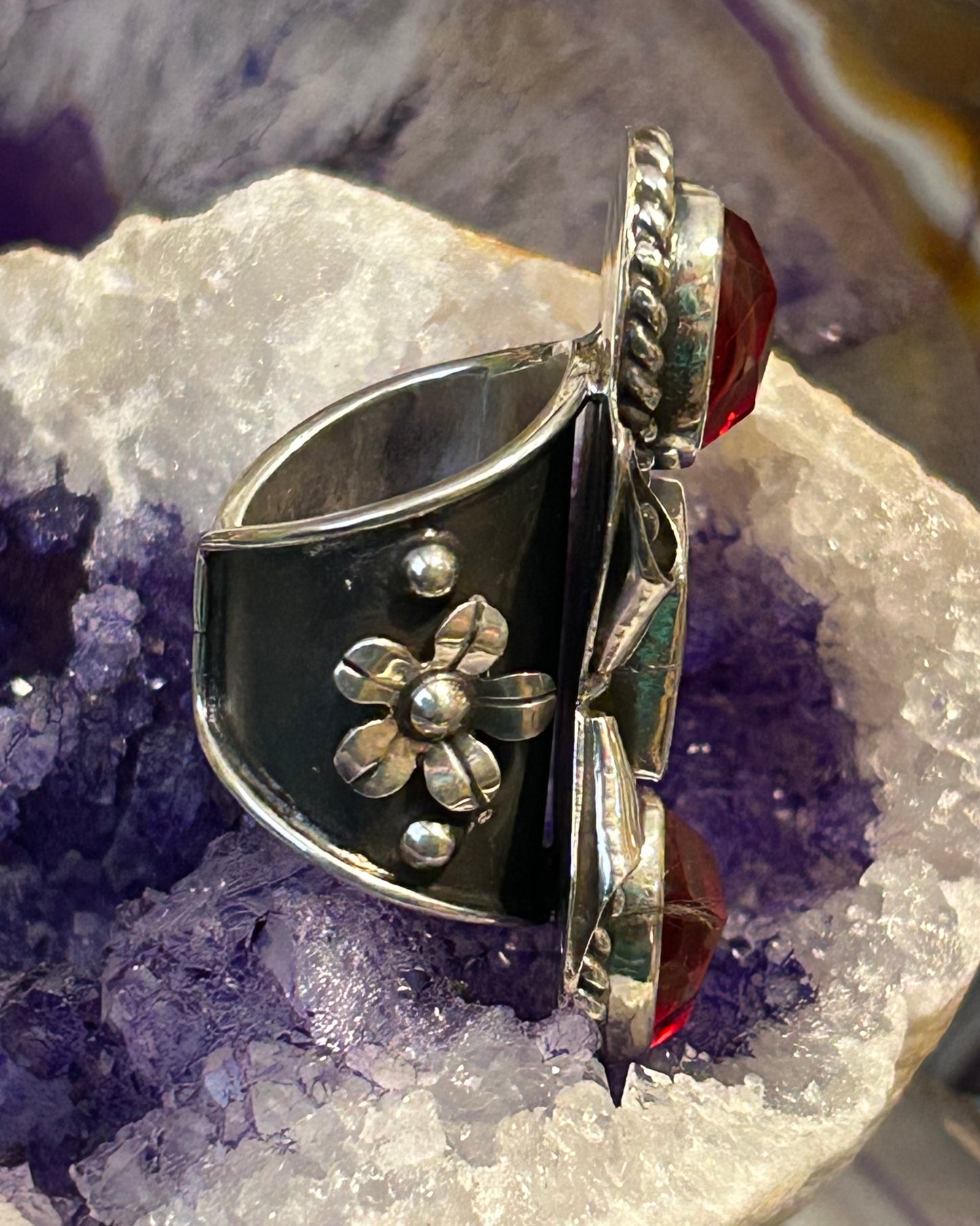 Sterling Silver Taxco Mexico Statement Ring w/ Pink & Red Natural Stones • Size 5-6