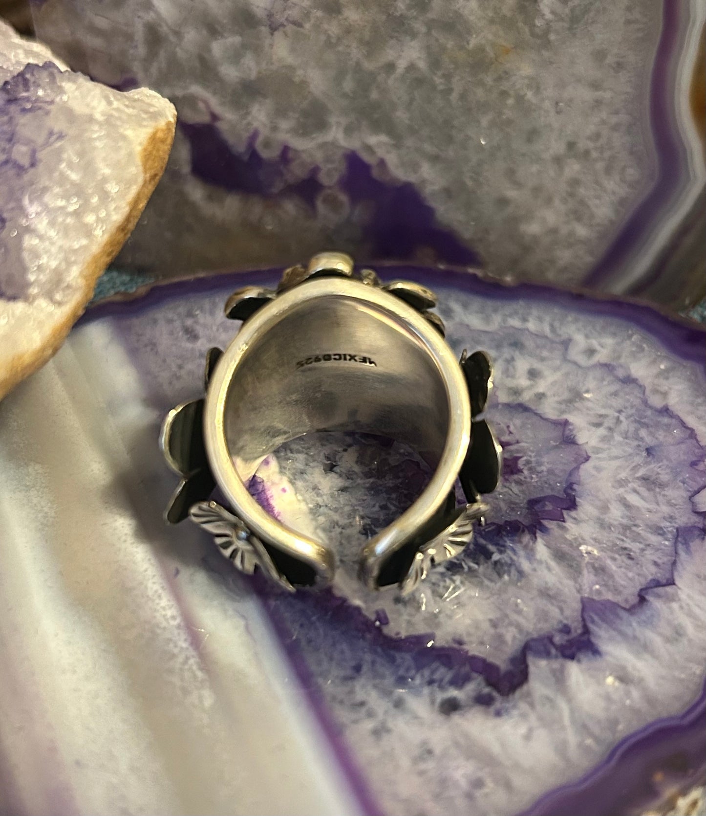 Sterling Silver Taxco Mexico Heart And Flower Wide Band Ring Size 6.75-8