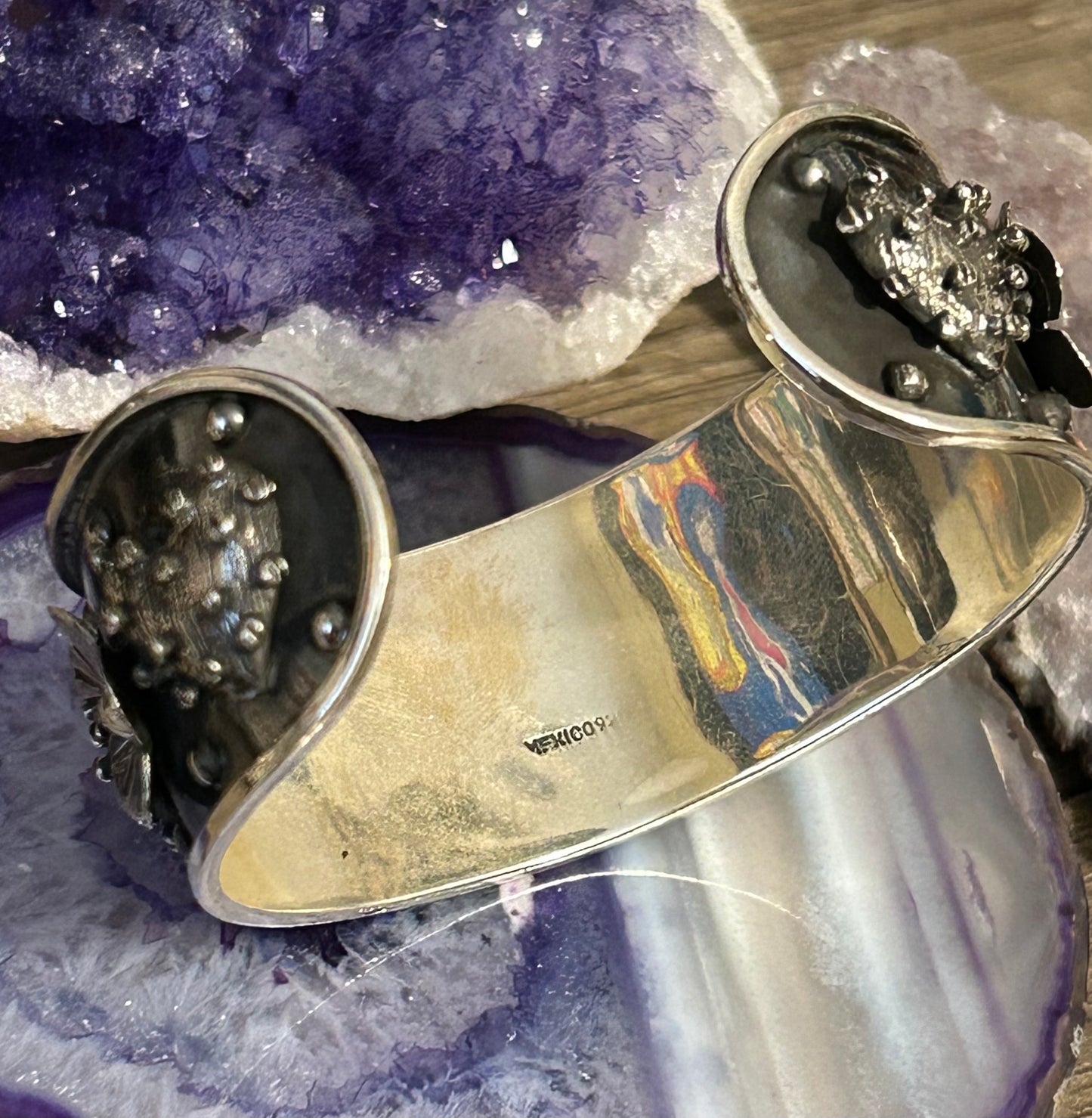 Sterling Silver Taxco Heart And Flower Handmade Cuff Bracelet