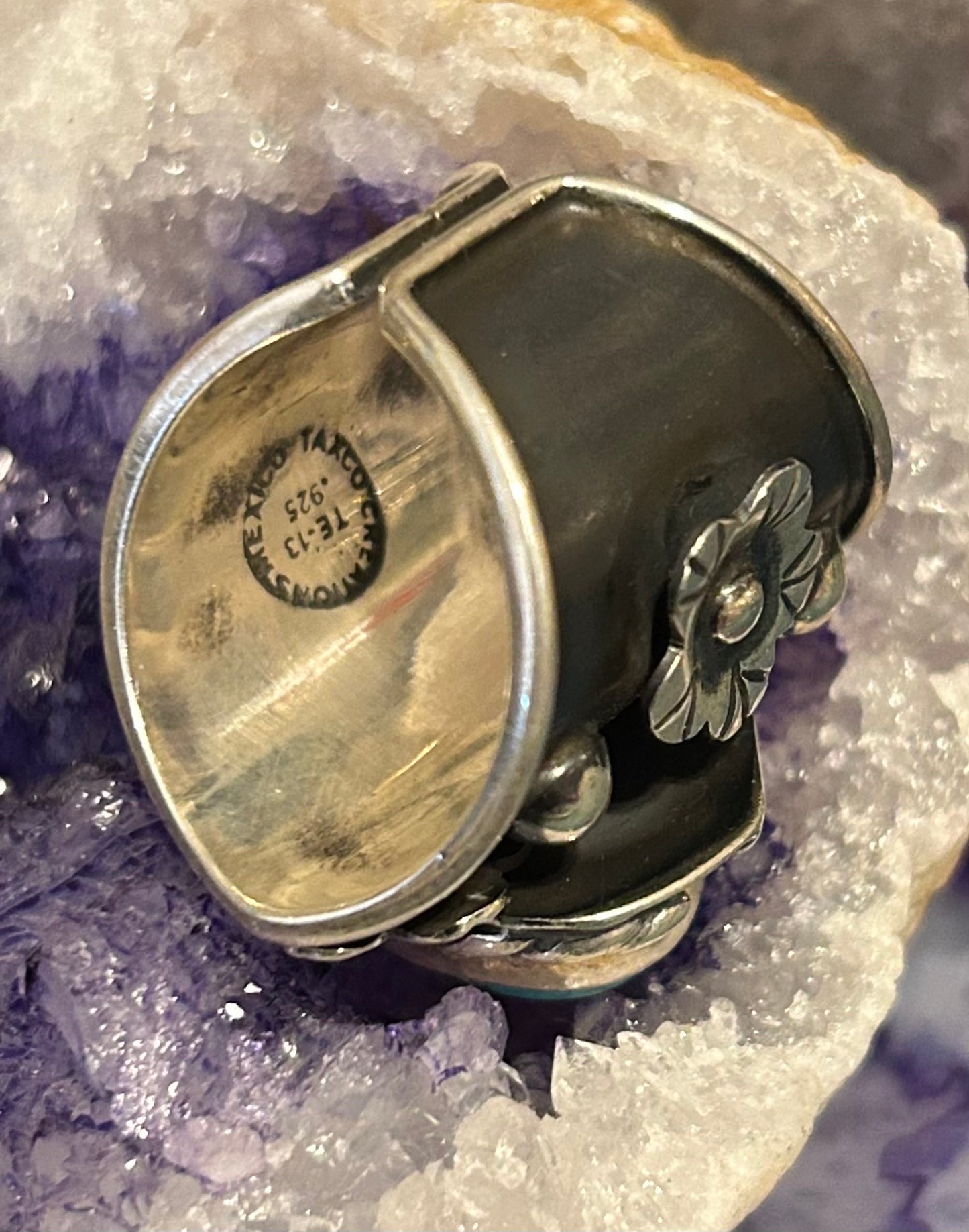 Sterling Silver Taxco Mexico Turquoise & Flowers Wide Band Statement Ring Sz 7-9