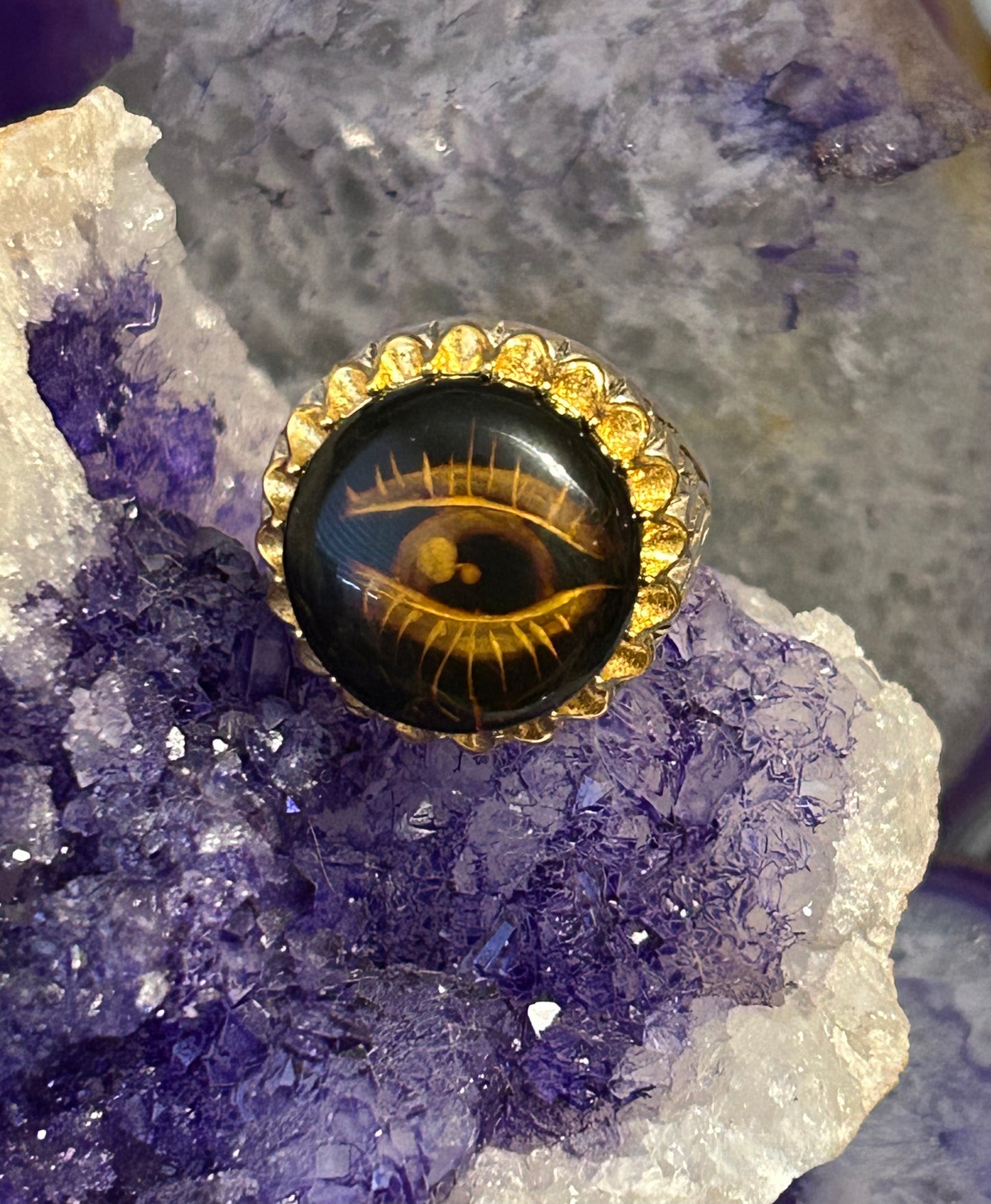 Sterling Silver And Natural Carved Amber Seeing Eye Ring • Size 10