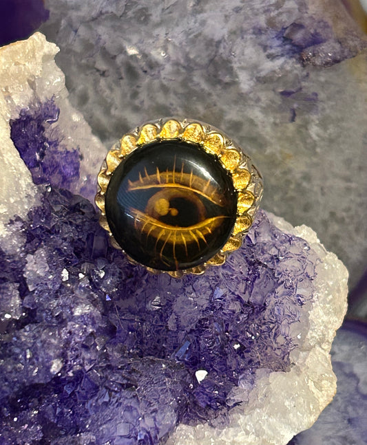 Sterling Silver And Natural Carved Amber Seeing Eye Ring • Size 10