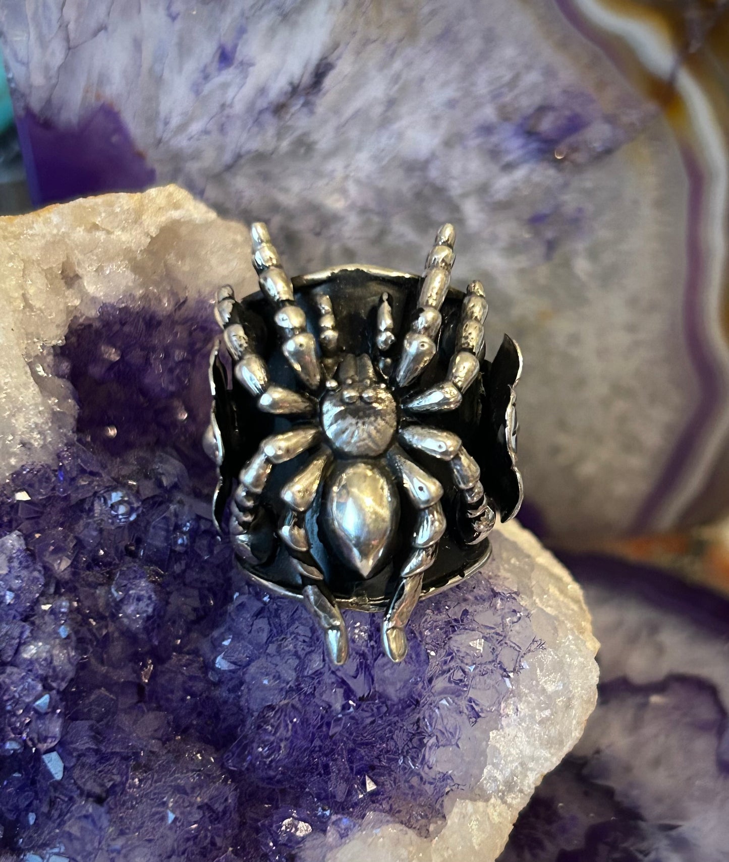 Taxco Mexico Sterling Silver Tarantula Spider & Flowers Statement Ring Size 7-9