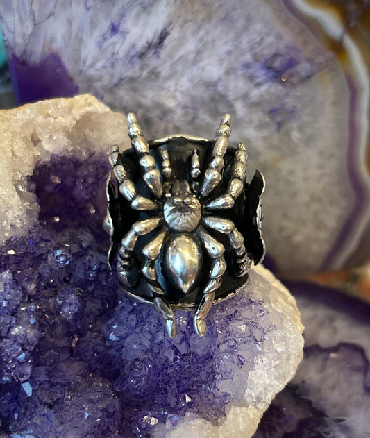 Taxco Mexico Sterling Silver Tarantula Spider & Flowers Statement Ring Size 7-9