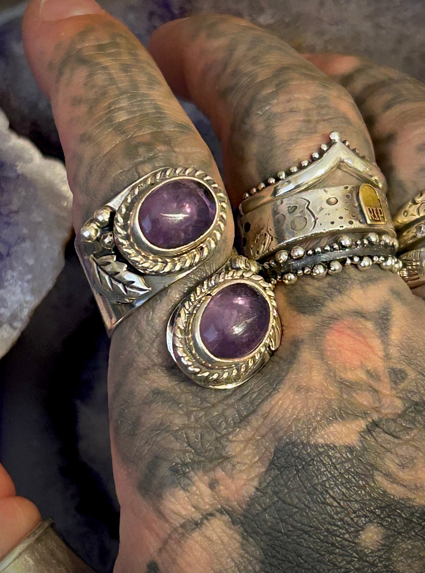 Sterling Silver Made In Taxco Mexico Large Bypass Ring w/ Amethyst & Leaves