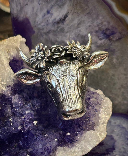 Sterling Silver Taxco Mexico Cow with Flower Crown Adjustable Statement Ring