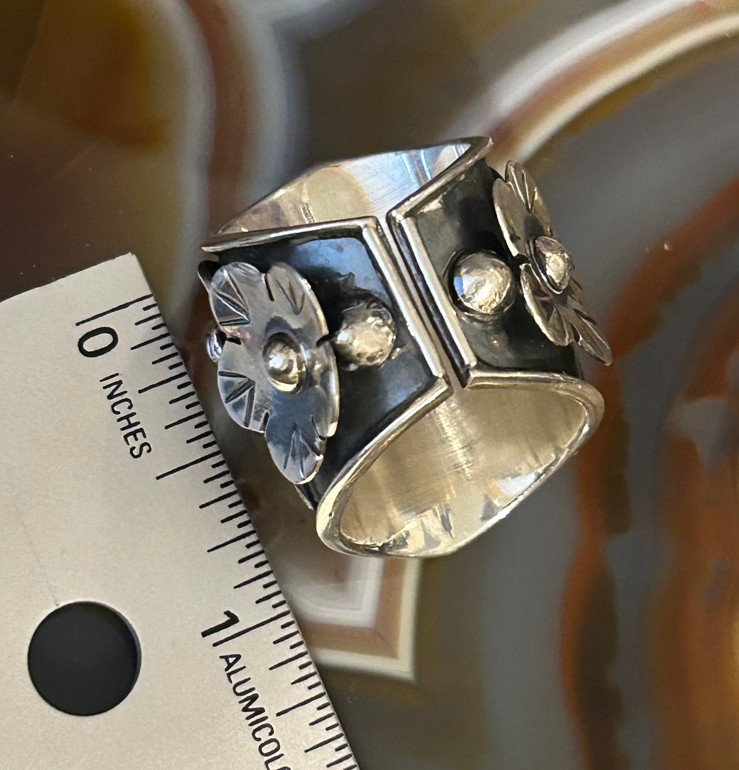 Sterling Silver Taxco Mexico Handmade Jaguar/Cheetah & Flowers Ring Adjustable