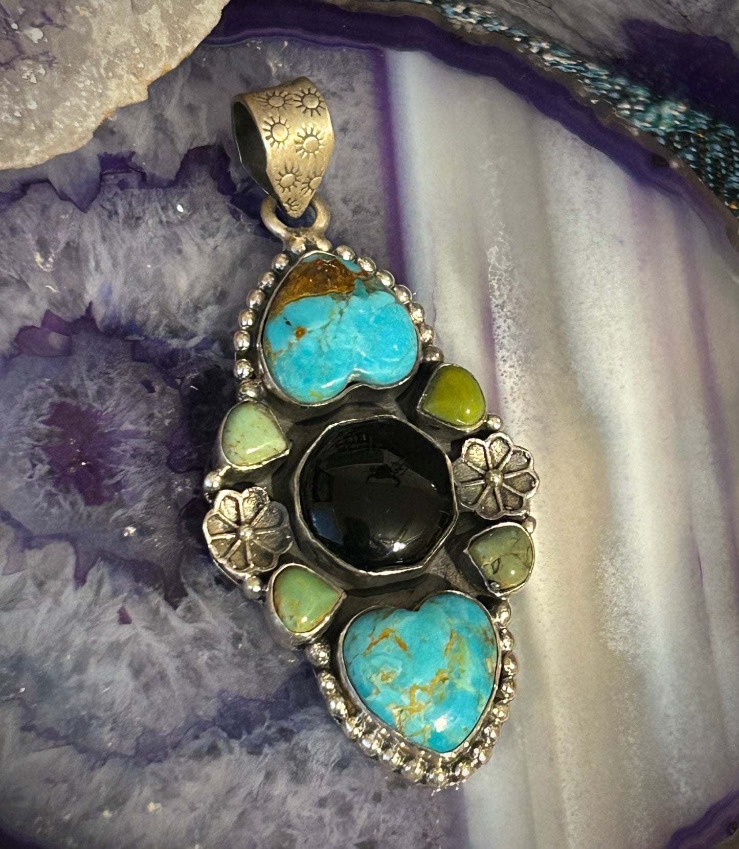 Sterling Silver, Turquoise & Onyx Heart & Hexagon Stone Pendant
