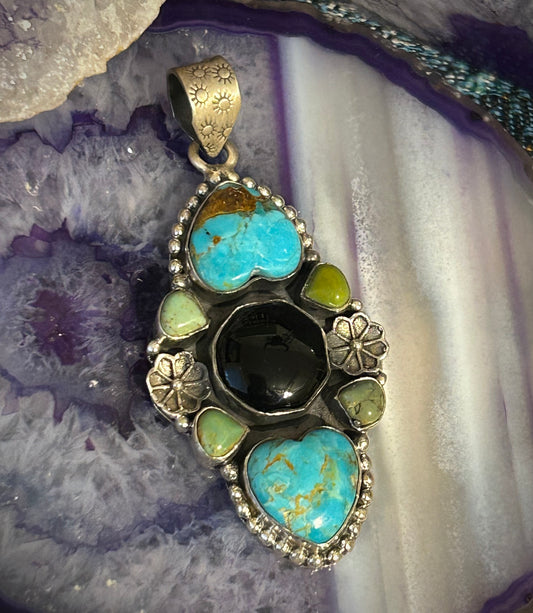 Sterling Silver, Turquoise & Onyx Heart & Hexagon Stone Pendant