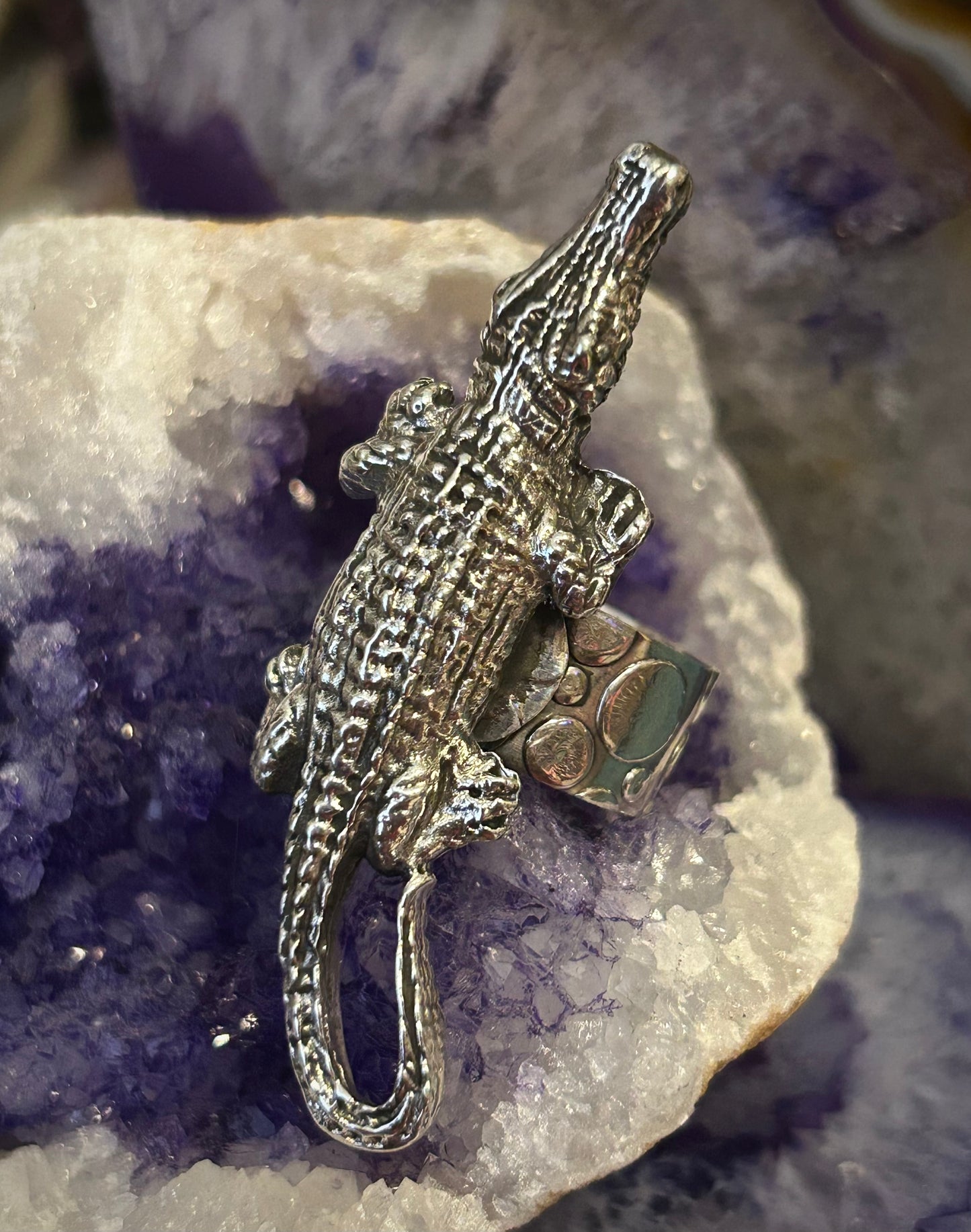 Sterling Silver Taxco Mexico Large Alligator Crocodile Ring Adjustable