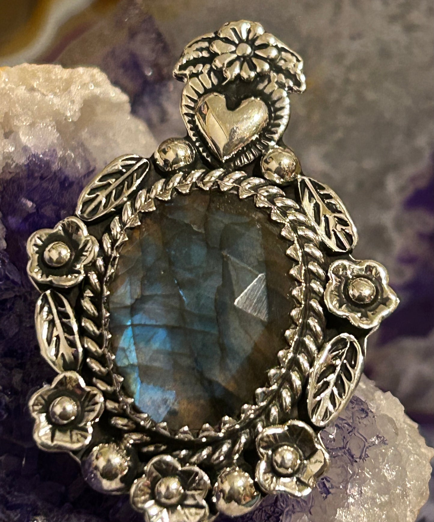 Sterling Silver Taxco Mexico Large Labradorite Flowers & Heart Statement Ring Adjustable