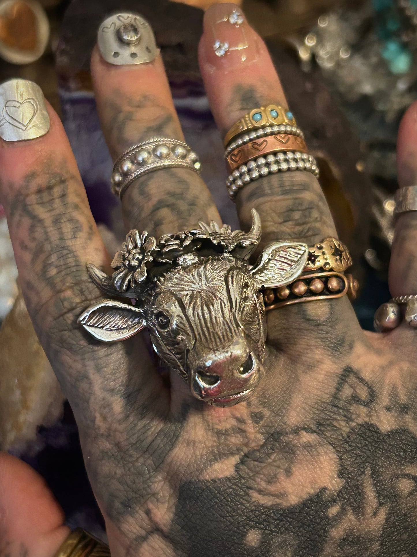 Sterling Silver Taxco Mexico Cow with Flower Crown Adjustable Statement Ring