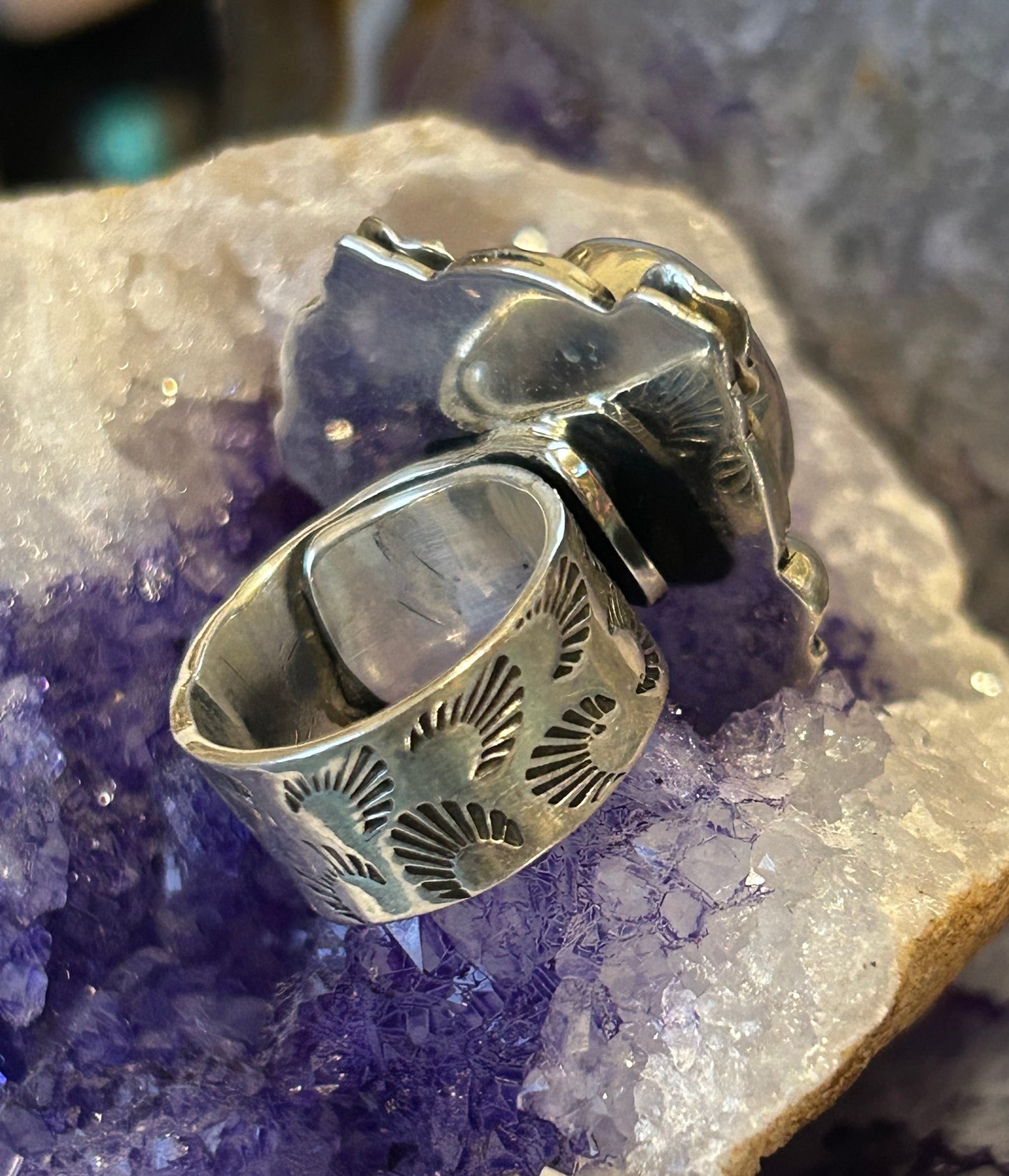 Taxco Mexico Sterling Silver Large Lavender Zircon Heart & Flowers Ring Adjustable
