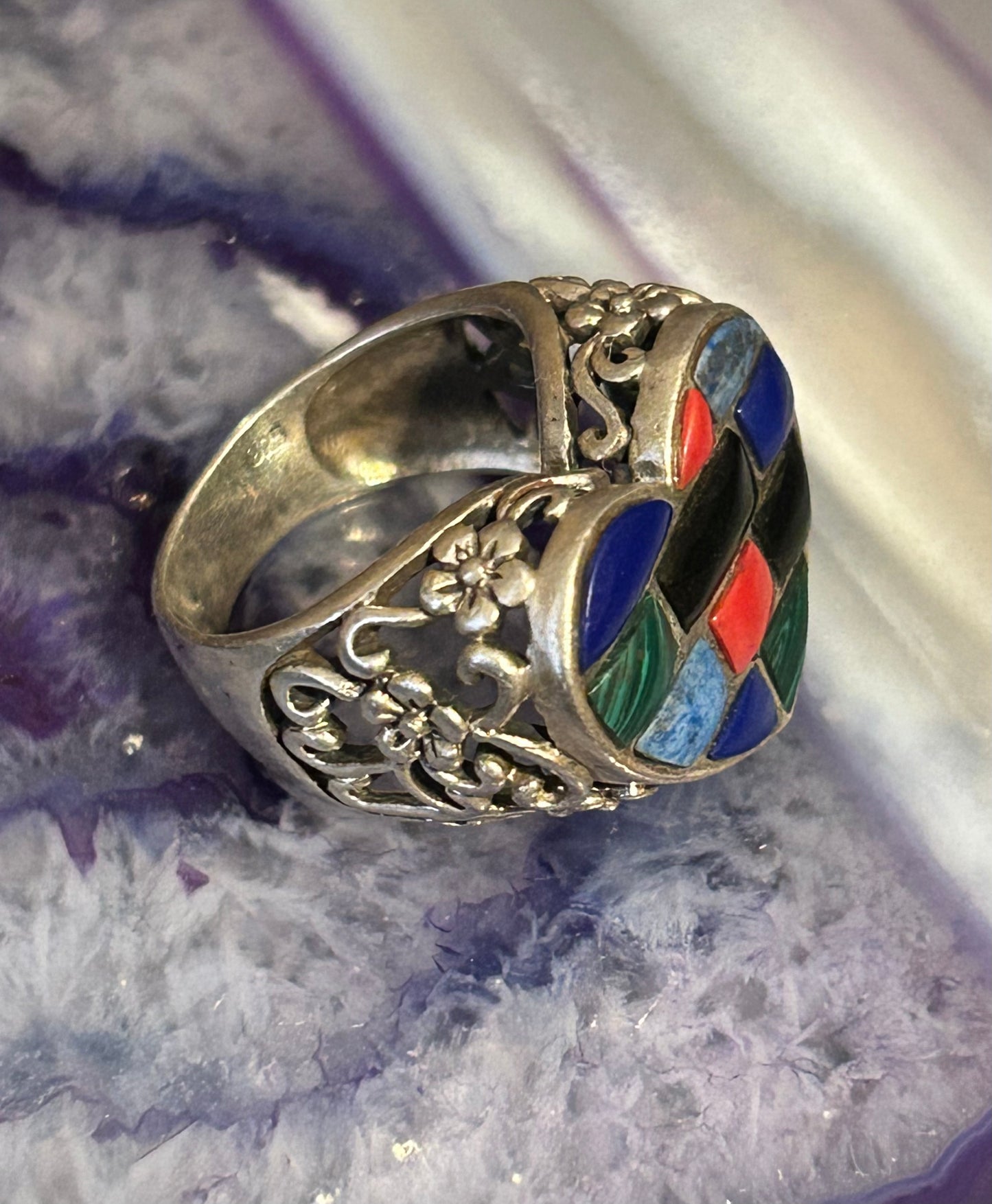 Vintage Sterling Silver Multi Stone Heart Ring w/ Flower Detailing • Size 6