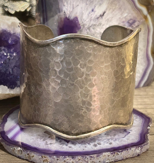 Vintage Sterling Silver Wide Wavey Hammered Cuff Bracelet