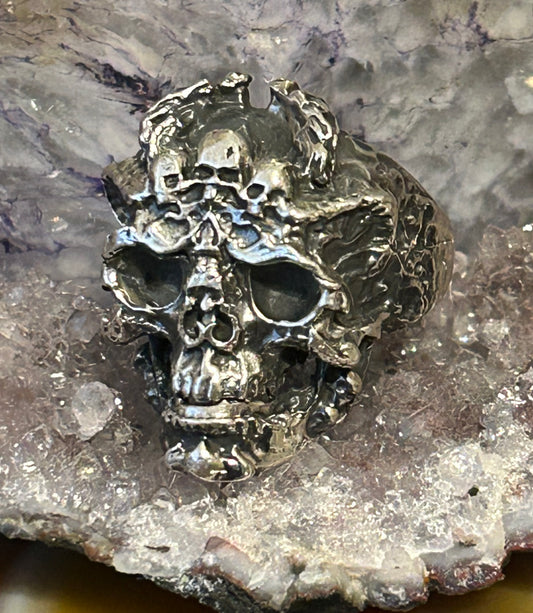 Sterling Silver Taxco Mexico Skull With Skulls Ring Size 10