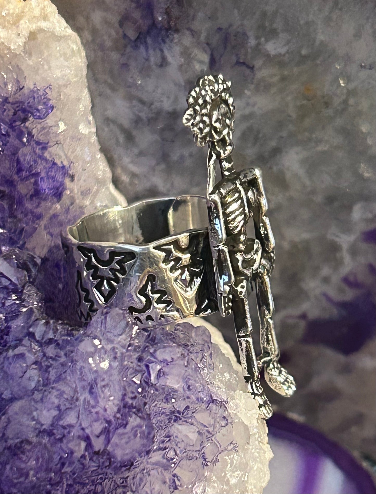 Sterling Silver Modern Taxco Mexico Catrina Skeleton Sugar Skull Ring Adjustable