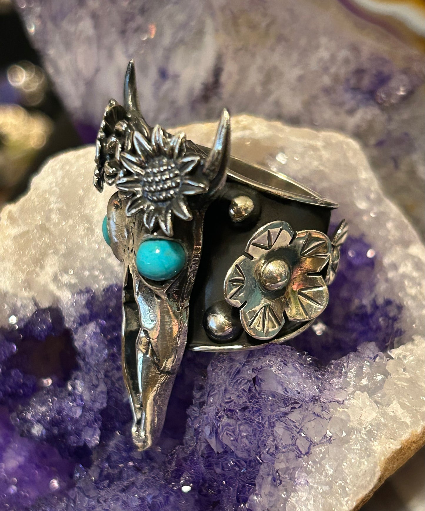 Sterling Silver Taxco Mexico Large Bull Skull W/ Flowers Statement Ring Sz 7-8.5