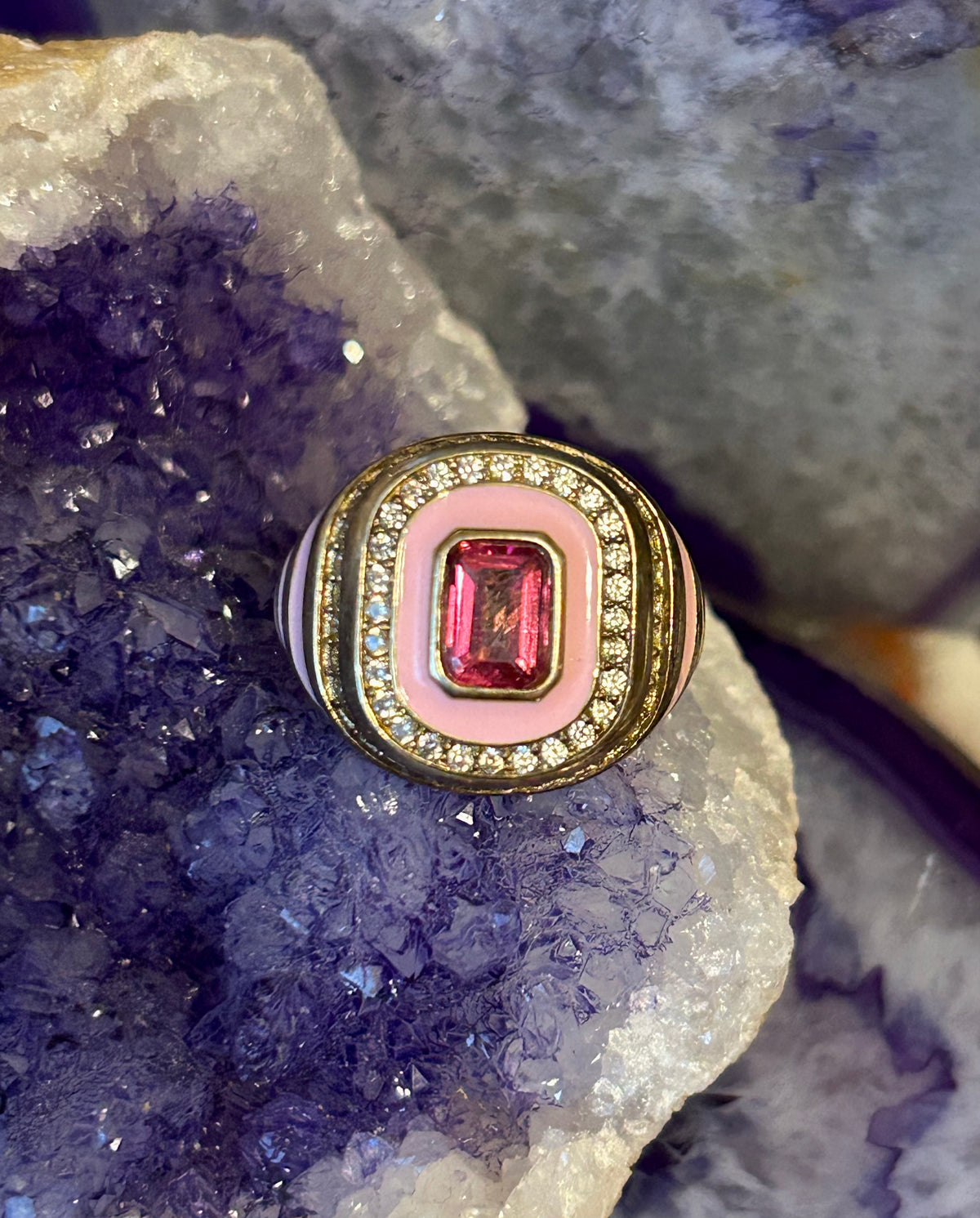 Sterling Silver Rarities by Carol Brodie Pink Enamel & Gemstones Ring • Size 9