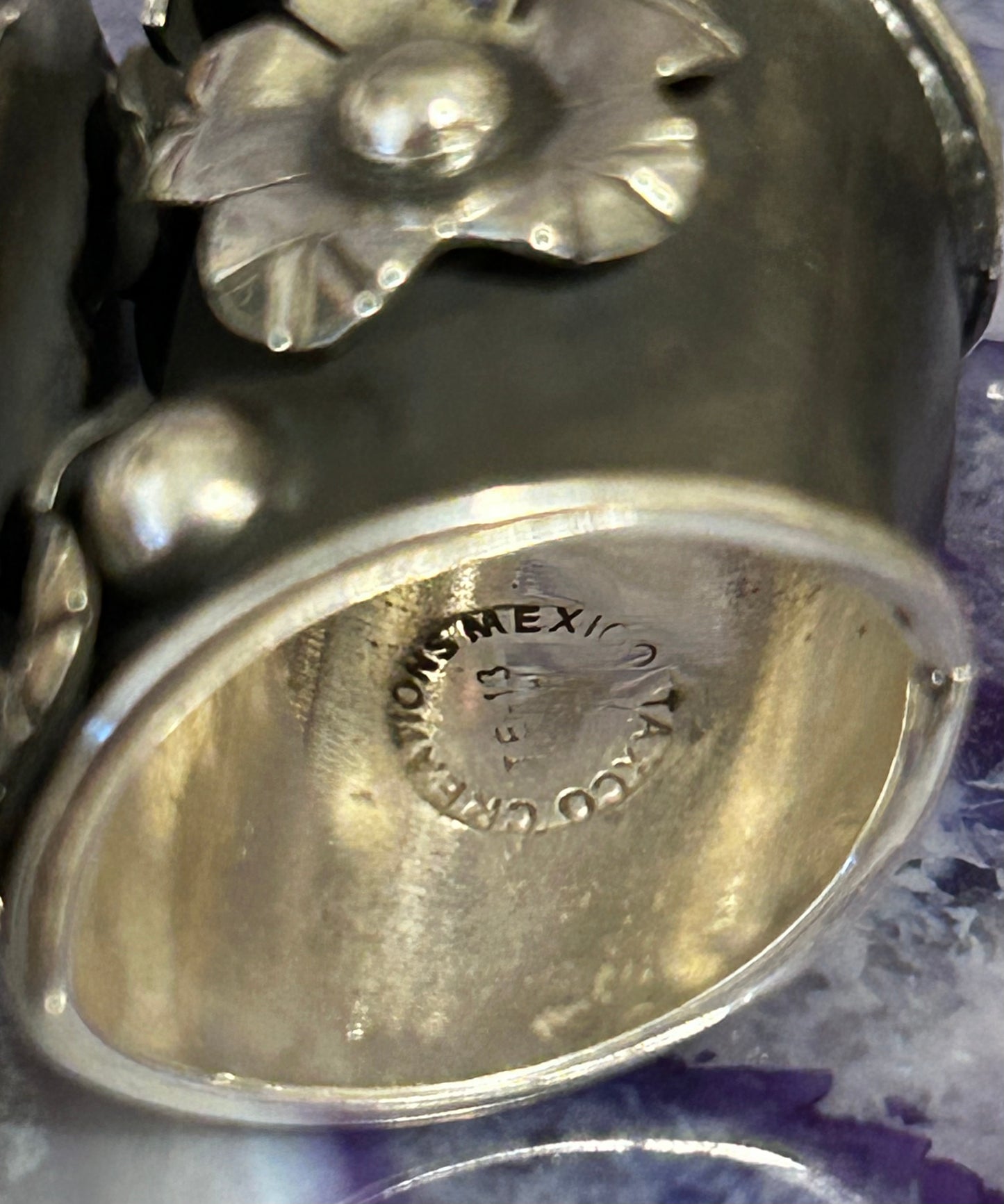 Sterling Silver Taxco Amethyst & Floral Statement Wide Band Ring • Size 7