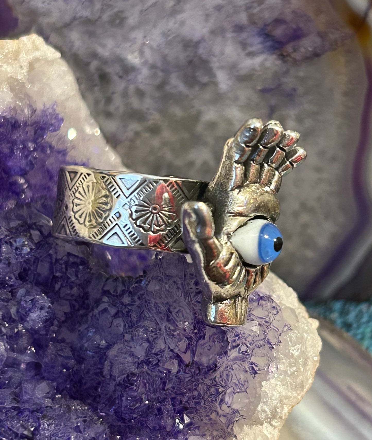 Sterling Silver Taxco Mexico Seeing Eye Protection Hand Oddities Ring Adjustable