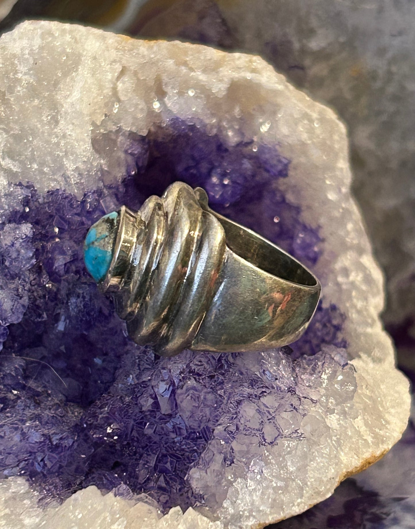 Vintage Sterling Silver Turquoise Modernist Shaped Chunky Ring Size 6.5