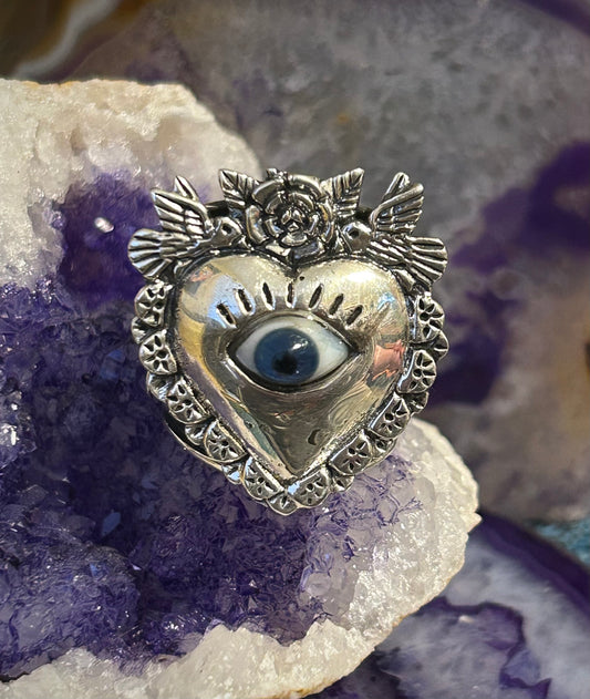 950 Silver Taxco Mexico Seeing Eye Heart W/ Rose And Birds Size 8-10