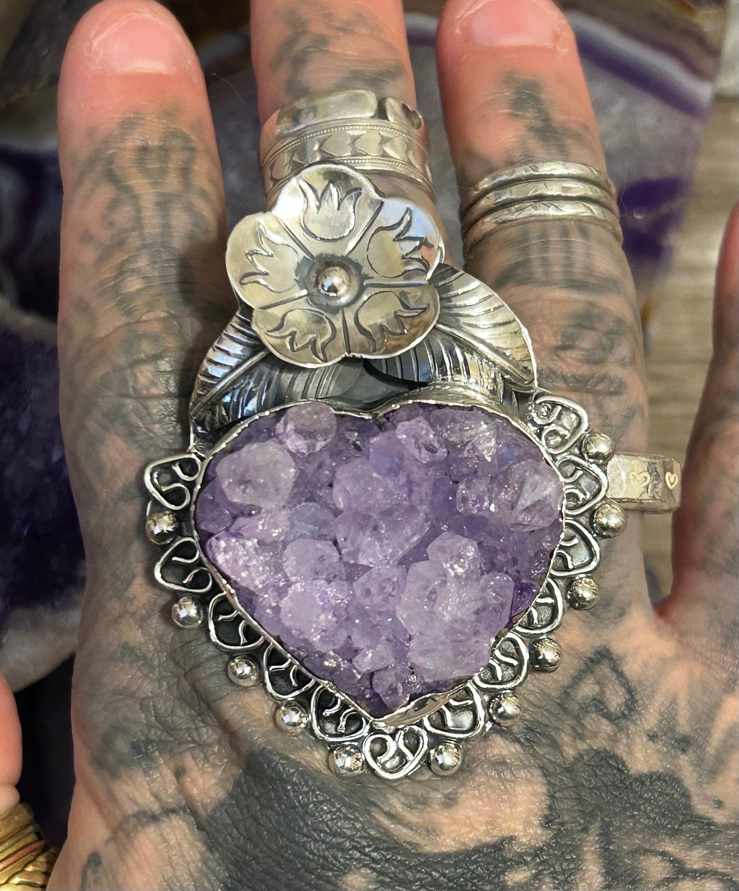 950 Silver Taxco Mexico Large Huge Amethyst Stone Heart Ring Adjustable