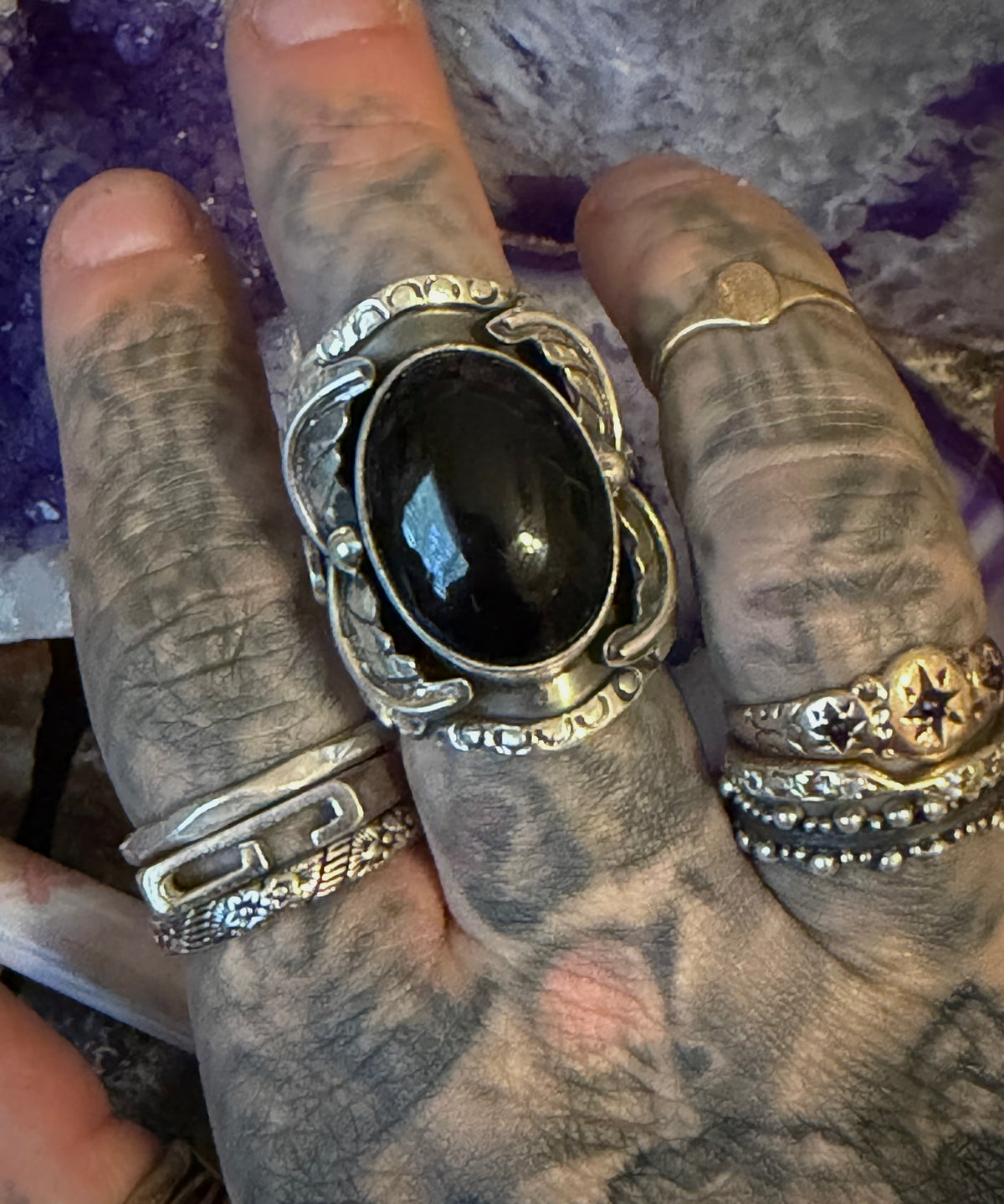 Sterling Silver Modern Taxco Mexico Black Onyx Wide Leaf Ring Size 4-6.5