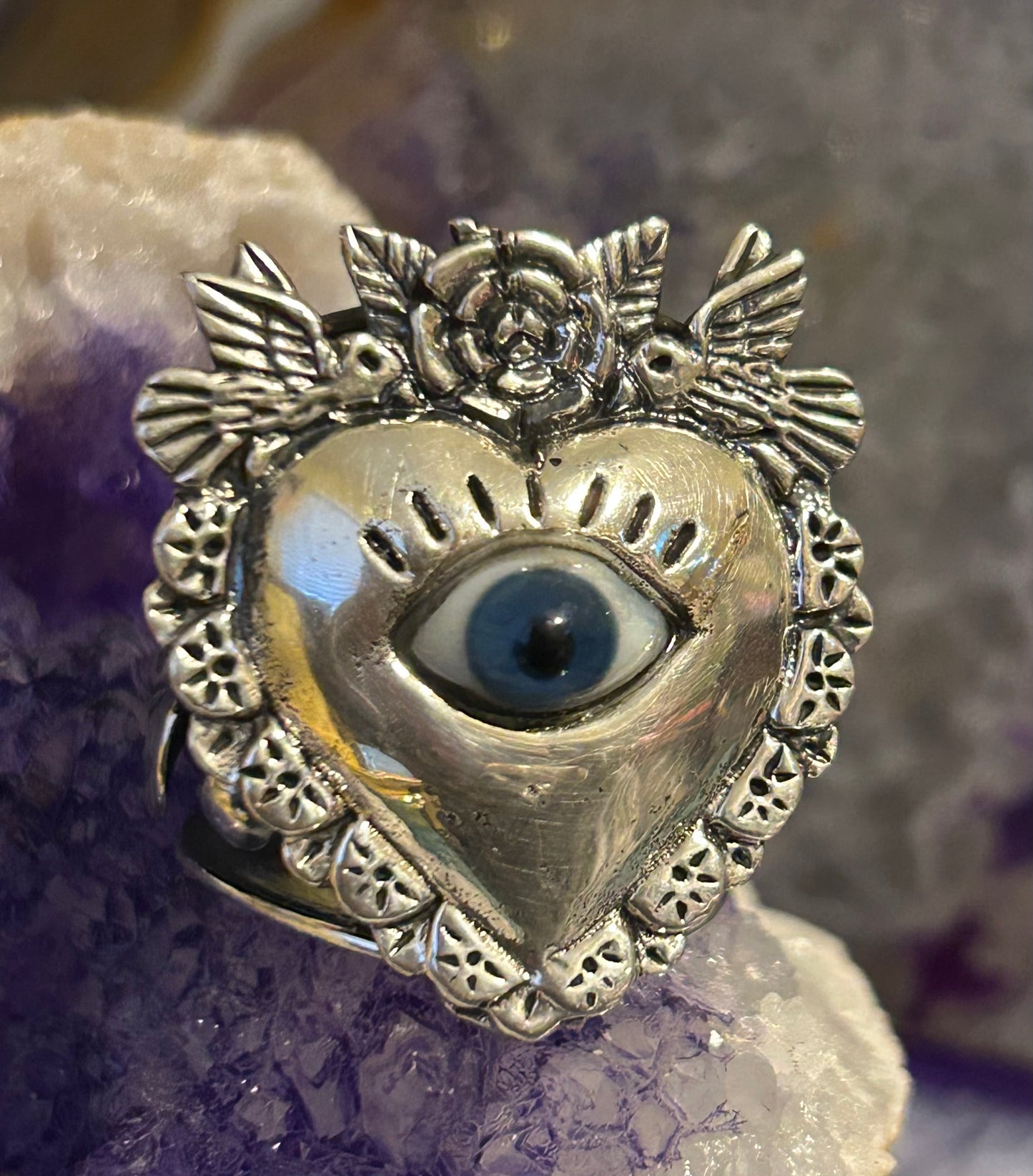 950 Silver Taxco Mexico Seeing Eye Heart W/ Rose And Birds Size 8-10