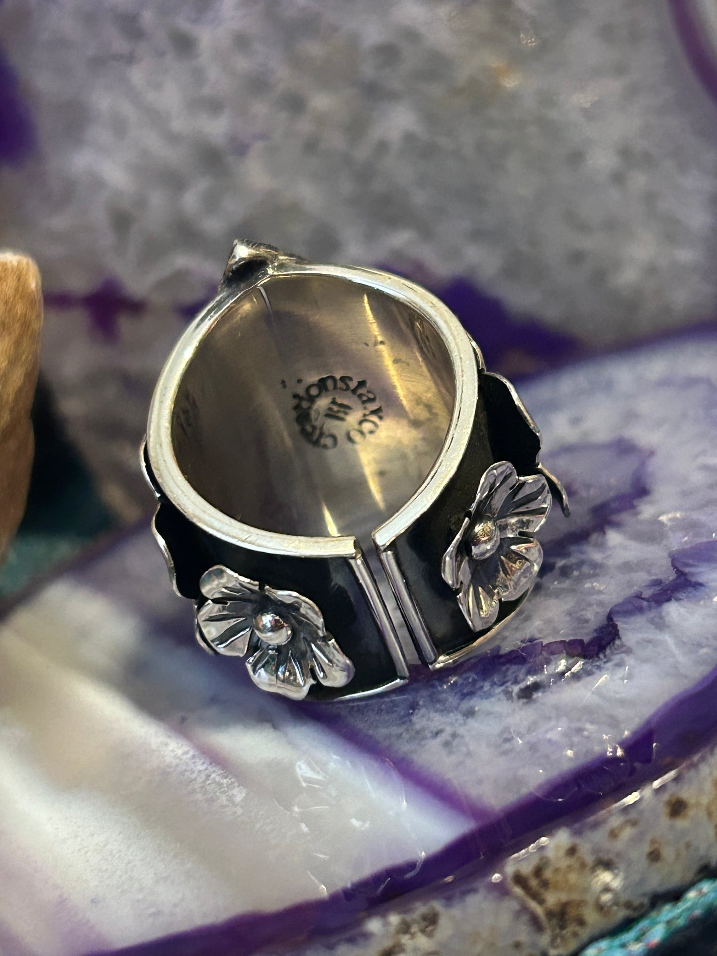 Taxco Mexico 950 Silver Monstera Leaf & Flowers Statement Ring Size 7-9
