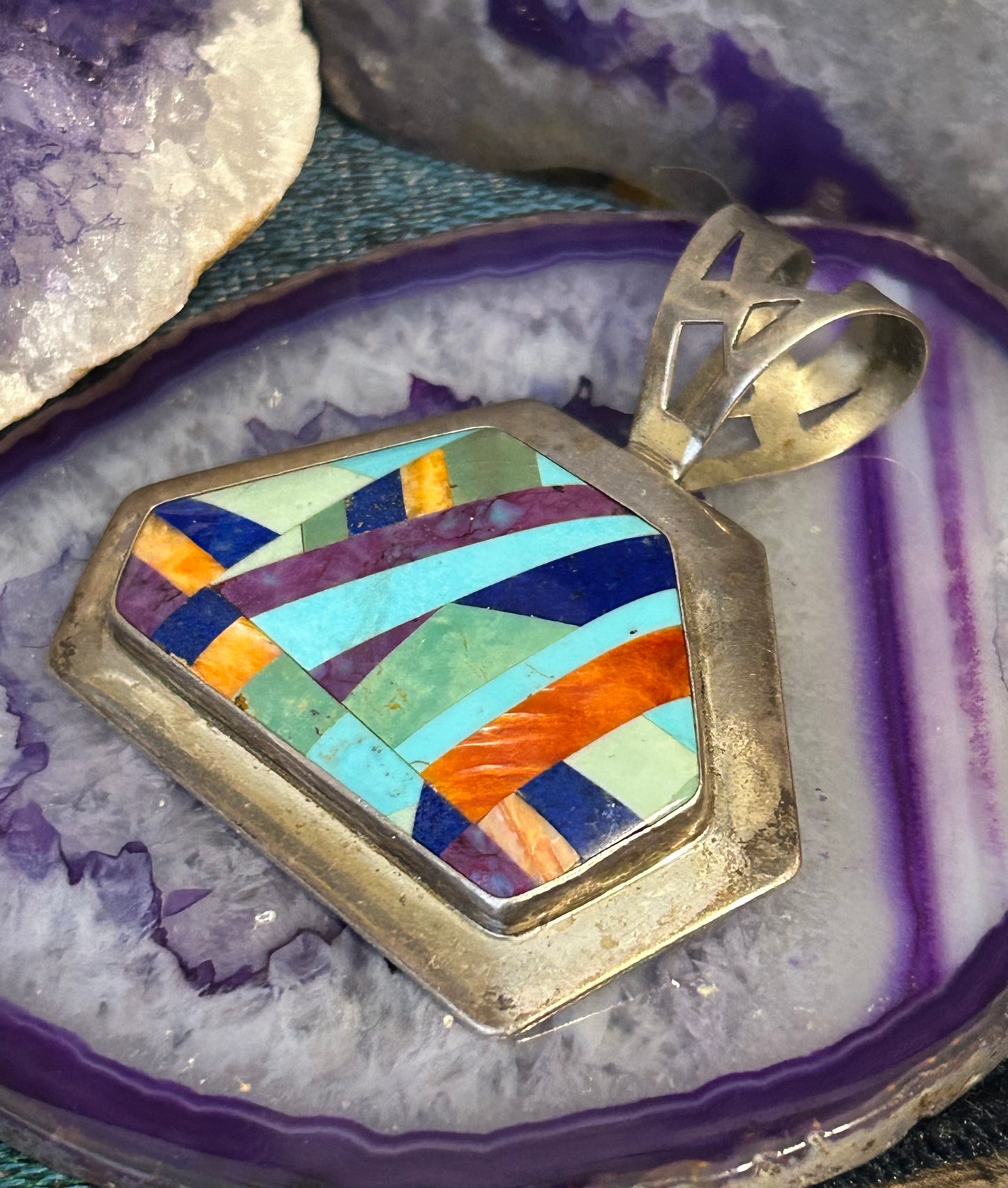 Vtg DTR 925 Sterling Silver Turquoise, Spiny, Coral Inlay Huge Statement Pendant